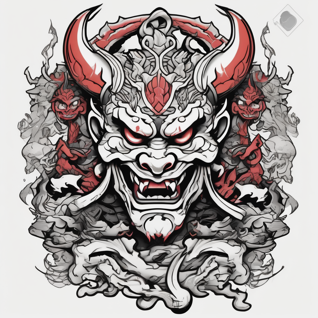 Back Tattoo with An Oni With a broken mask and a Sword, Dragons & snakes street life tattoo ideas, AI-generated Cartoon tattoo design
